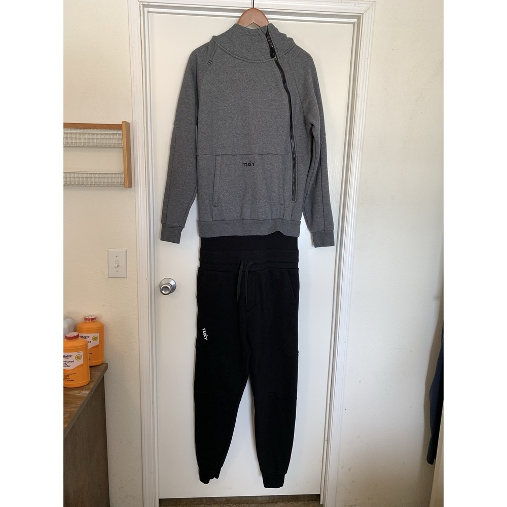 Tuxy Sweatsuit Mens Medium Gray Black Fleece Hooded One Piece Jogger Colorblock